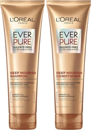 Picture of L'Oreal Paris Sulfate Free Shampoo and Conditioner for Dry Hair, Triple Action Hydration for Dry, Brittle or Color Treated Hair, Apricot Oil Infused Hair Care, EverPure, 8.5 Fl Oz, Set of 2