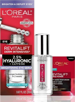 Picture of L'Oreal Paris Revitalift Hyaluronic Acid + Caffeine Hydrating Eye Serum for Dark Circles, Fragrance Free .67 fl. oz + Moisturizer Sample