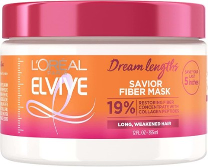 Picture of L'Oreal Paris Elvive Dream Lengths Savior Fiber Hair Mask with Collagen Peptides Concentrate to Revive and Restore, 3 Min Hair Treatment Formula, 12 Fl Oz