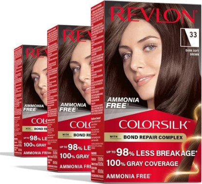 Picture of REVLON ColorSilk with Bond Repair Complex, Brown Permanent Hair Color, 100% Gray Coverage, Ammonia Free Hair Dye, Vegan Keratin, 33 Dark Soft Brown (Pack of 3)