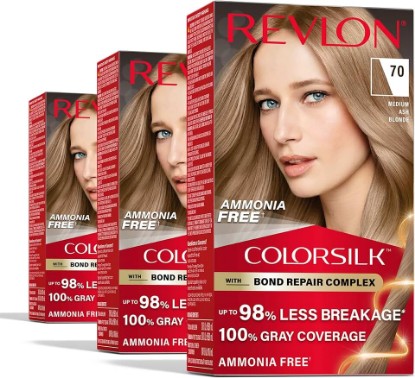 Picture of REVLON ColorSilk with Bond Repair Complex, Blonde Permanent Hair Color, 100% Gray Coverage, Ammonia Free Hair Dye, Vegan Keratin, 70 Medium Ash Blonde (Pack of 3)