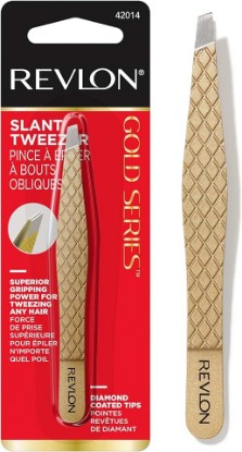 Picture of REVLON Gold Series Slanted Tip Tweezers, Ultra-Sharp for Precision Eyebrow Shaping and Facial Hair Removal, Diamond and Titanium-Coated for Durability, 1 Count