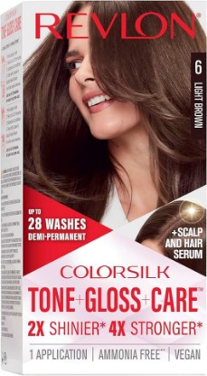 Picture of REVLON ColorSilk Tone + Gloss + Care Demi Permanent Hair Color, Dye Kit with Leave-In Scalp and Haircare Serum, 2x Shinier, 4x Stronger, 6 Light Brown, 4.5 fl oz