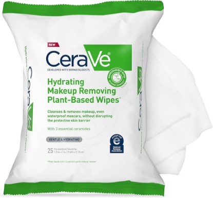Picture of CeraVe Makeup Remover Wipes, Plant Based Face Wipes, Biodegradable in Compost, Waterless Face Wash, Travel Essentials for Women, Suitable for Sensitive Skin, Fragrance-free + Non-comedogenic, 25ct