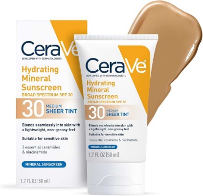 Picture of CeraVe Hydrating Mineral Sunscreen SPF 30 with Sheer Tint, Tinted Mineral Sunscreen with Zinc Oxide & Titanium Dioxide, Blends Seamlessly For Healthy Glow, Medium, 1.7 Fluid Ounce Cradle to Cradle Certified