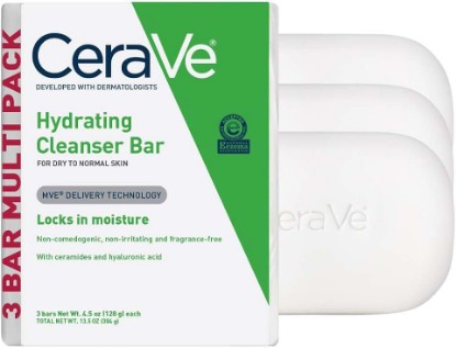 Picture of CeraVe Hydrating Cleanser Bar, Soap-Free Body and Facial Cleanser with 5% Moisturizing Cream, Fragrance-Free, 3-Pack, 4.5 Ounce Each
