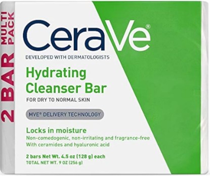 Picture of CeraVe Hydrating Cleanser Bar, Soap-Free Body and Facial Cleanser with 5% Moisturizing Cream, Fragrance-Free, 2-Pack, 4.5 Ounce Each
