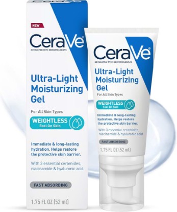 Picture of CeraVe Ultra-Light Moisturizing Gel, Hydrating Gel Face Moisturizer For Men & For Women with Ceramides, Niacinamide, Hyaluronic Acid, Fragrance Free, Oil-Free, Mattifying Moisturizer, 1.75 FL Oz