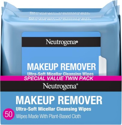 Picture of Neutrogena Makeup Remover Wipes Micellar Alcohol-Free Face Towelettes Remove Waterproof Mascara & Oil, Compostable 100% Plant-Based Cloth, Dermatologist & Ophthalmologist Tested, Twin Pack 2 x 25 ct