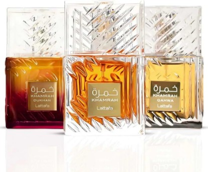 Picture of Lattafa Khamrah, Khamrah Qahwa & Khamrah Dukhan Eau De Parfum Sprays 100ML (3.4 OZ) – Unisex Long Lasting Fragrance – 3 Pack Gift Set – Premium Middle Eastern Perfume
