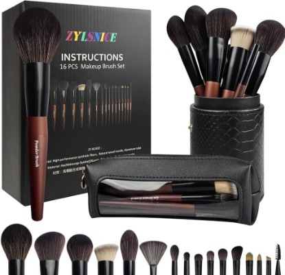 Picture of Makeup Brushes 16 Pcs Makeup Brush Set Professional, Wood Handle Travel Make Up Brushes Set with Case, Premium Cruelty-Free Synthetic Fiber Hair Makeup Brush Kit with Holder