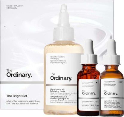 Picture of The Ordinary The Bright Set, 3-Step Regimen for Radiant, Even Skin Tone with Glycolic Acid 7% Exfoliating Toner, Alpha Arbutin 2% + HA, and Caffeine Solution 5% + EGCG | Skin Care Set