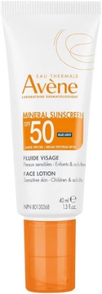 Picture of Avène Mineral Sunscreen SPF 50 Face Lotion, fast absorbing, 100% Mineral Sunscreen, Protects against UV, pollution + bluelight, With with Zinc Oxide + Bisabolol, 80 minute water resistance 1.3 oz