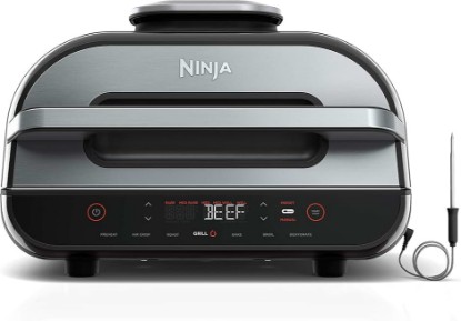 Picture of Ninja Indoor Grill and Air Fryer| Foodi Smart XL | 6-in-1 Grill, Air Fry, Roast, Bake, Broil, Dehydrate & Crisp |Smart Thermometer & Splatter Shield | Dishwasher Safe Parts | Black/Silver | FG551