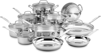 Picture of Cuisinart 17-Piece Stainless Steel Cookware Set, Chef's Classic Steel Collection with Pure Aluminum Core for Quick and Even Heat, Cool Grip Handles, Dishwasher Safe, 77-17N