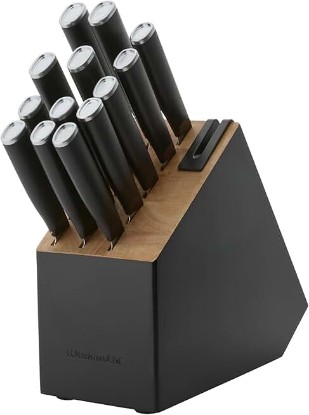 Picture of KitchenAid Classic Slim Knife Block Set with Built-In Knife Sharpener, High Carbon Stainless Steel Kitchen Knives, Sharp Kitchen Knife Set with Block, Black, 14 Piece