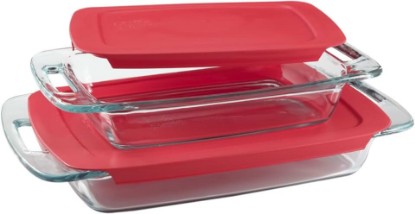 Picture of Pyrex Easy Grab 4-Piece Value Pack, includes 1-ea 3-qt Oblong, 2-qtOblong, Red Plastic Covers