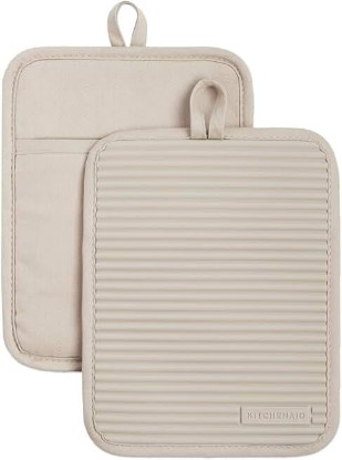 Picture of KitchenAid Ribbed Soft Silicone Pot Holder 2-Pack Set, Milkshake Tan, 7"x9"