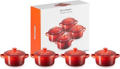 Picture of Le Creuset Stoneware Set of 4 Mini Cocottes with Cookbook, 8 oz. each, Cerise