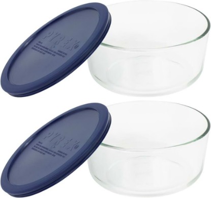 Picture of Pyrex Storage 4-Cup Round Dish with Dark Blue Plastic Cover, Clear (Pack of 2 Containers)