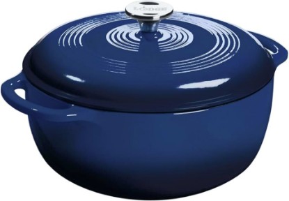 Picture of Lodge Essential Enamel Cast Iron Dutch Oven 6 Quarts - Perfect for Bread Baking, Braising, Marinating & Slow Cooking - Features Moisture-Sealing Lid & Dual Handles - Kitchen Essentials - Indigo