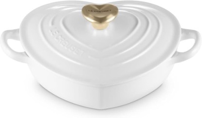 Picture of Le Creuset Enameled Cast Iron Traditional Shallow Heart Cocotte, 1.25 Qt., White Light Gold Heart Knob