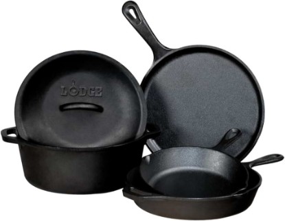 Picture of Lodge Cast Iron Set - 5-Piece Set - Pre-Seasoned Kitchen Set - Skillets, Griddle & Dutch Oven Included - PFAS-Free Non-Toxic Cookware