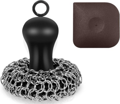 Picture of Cast Iron Cleaner Scrubber with Pan Scraper, Upgraded Chain Mail Scrubber Cast Iron Cleaning Kit, Metal Chainmail Scrubbing Sponge Scrub Brush to Clean Pan, Skillet, Grill, Dutch Oven, Wok