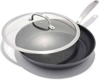 Picture of OXO Enhanced 12” Nonstick Frying Pan Skillet with Lid, Ceramic PFAS-Free Cookware, Durable Hard Anodized, Scratch Resistant, Stainless Steel Handle, Eggs & Omelets, Dishwasher & Oven Safe, Black