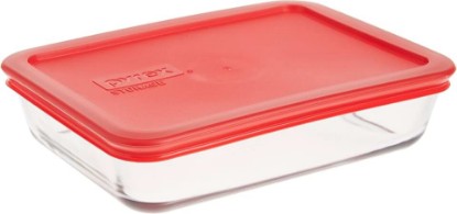 Picture of Pyrex 3-Cup Single Rectangular Glass Food Storage Container with Lid, Non-Toxic, BPA-Free Lid, Tempered Non-Pourous Glass, Microwave, Dishwasher, Freezer and Oven Safe, Red