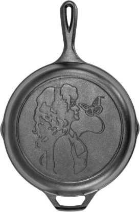 Picture of Lodge 10.25 Inch Dolly Parton Pre-Seasoned Cast Iron Stamped Skillet - Signature Teardrop Handle - Use in the Oven, on the Stove, on the Grill, or Over a Campfire, Black