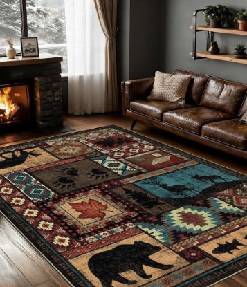 Picture of YIHOUSE Rustic Cabin Area Rug 5x7,Machine Washable Lodge Bear Rug,Non-Slip Low Pile Print Pattern Southwestern Rug for Living Room Bedroom Global Recycled Standard