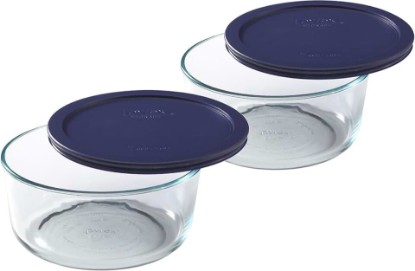 Picture of Pyrex Storage Plus 7-Cup Round Glass Food Storage Dish, Blue Cover, Pack of 2 - Original Genuine Made in the USA