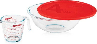 Picture of Pyrex Smart Essentials 3-Piece Glass Prep Set, 4-QT Glass Mixing Bowl with lid and 2-Cup Measuring Cup, Dishwasher, Microwave and Freezer Safe, Essential Kitchen Tools