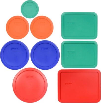 Picture of Pyrex (1) 7202-PC 1-Cup Green, (2) 7200-PC 2-Cup Orange, (2) 7201-PC 4-Cup Cadet Blue, (1) 7402-PC 6/7-Cup Red, (2) 7210-PC 3-Cup Light Green, (1) 7211-PC 6-Cup Red Lids - Made in USA