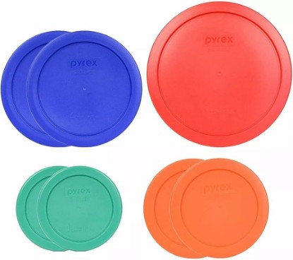Picture of Pyrex (2) 7202-PC Green, (2) 7200-PC Orange, (2) 7201-PC Cobalt Blue, (1) 7402-PC Red Food Storage Lids - Made in USA