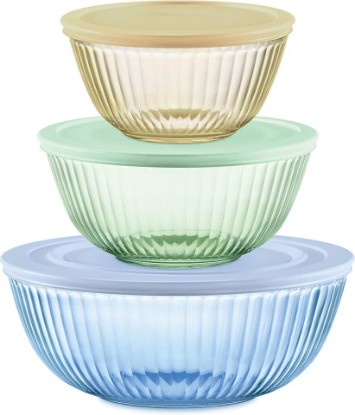 Picture of Pyrex Colors Tinted (3-Pack, Full Set) Sculpted Tinted Glass Mixing Bowls With Plastic Lids, Nesting Space Saving Set of Bowls For Prepping and Baking, 1.3QT, 2.3QT & 4.5QT