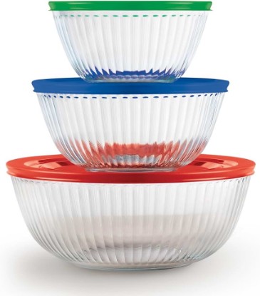 Picture of Pyrex Sculpted (3-Pack) Glass Mixing Bowls Set With Plastic Lids For Prepping, Baking and Cooking, Preheated Oven, Dishwasher, Freezer, and Microwave Safe
