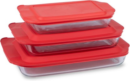 Picture of Pyrex Basics 3-Pack Glass Baking Dish Set (2QT, 3QT, 4.8QT) With BPA-Free Lids, Rectangular Glass Bakeware, Dishwasher, Microwave, Freezer & Pre-Heated Oven Safe