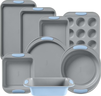 Picture of Pyrex 8-Piece Metal Bakeware Set, Lightweight Stainless Steel Baking Trays with Heatsafe Silicone Handles, Cookie & Muffin Sheets, Round/Square Baking Pans, Cerulean