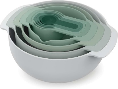 Picture of Joseph Joseph Nest 9 Plus, 9 Piece Compact Food Preparation Set with Mixing Bowls, Measuring cups, Sieve and Colander, Editions Range, Sage Green