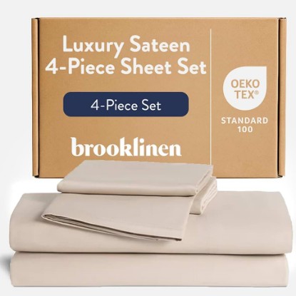 Picture of Brooklinen Luxury Sateen 4 Piece Sheet Set - 100% Cotton Bed Sheets, Soft & Durable Queen Size Sheets Set in Pebble, Oeko-TEX Certified Bedding Set, 1 Fitted Sheet, 1 Flat Sheet, 2 Pillowcases