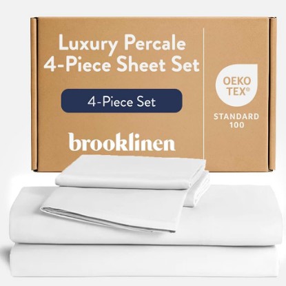 Picture of Brooklinen Luxury Percale Sheet Set - 4 Piece 100% Cotton Bed Sheets - 1 Fitted & 1 Flat Sheet, 2 Pillowcases - Cotton Percale Sheets for Hot Sleepers (King Size, White)