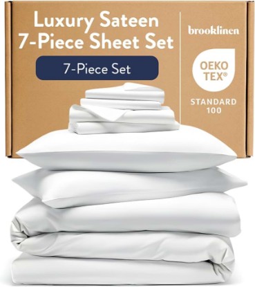 Picture of Brooklinen Luxury Sateen Sheet Set - 7 Piece 100% Cotton Bed Sheets - 1 Fitted & 1 Flat Sheet, 4 Pillowcases, 1 Duvet Cover, Soft Sateen Sheets for Ultimate Comfort King - White