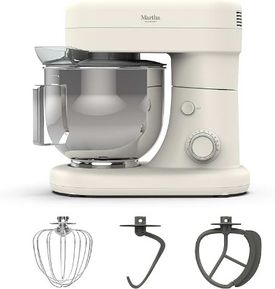 Picture of Martha Stewart Tilt-Head Stand Mixer, 12 Speed, 5.3QT Stainless Steel Bowl, Splash Guard with Pour Chute, Whisk, Dough Hook, Flat Beater, Electric Kitchen Baking Mixer, Bread, Cake, Whip, Linen White