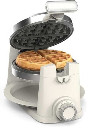 Picture of Martha Stewart Rotating Waffle Maker, 180° Flip Iron with PFAS-Free Nonstick Plates, Adjustable Timer, Ready Light, Drip Tray, Space Saving, Classic Round 7”, Easy to Clean, Stainless Steel, Linen