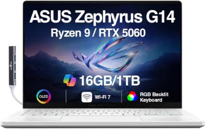 Picture of ASUS ROG Zephyrus G14 AI Gaming Laptop 14.0" ROG Nebula OLED 2.8K 500nits Display (AMD Ryzen 9 270, GeForce RTX 5060 8GB, 16GB LPDDR5X, 1TB SSD, RGB KYB, WiFi 7, Win 11 Home) w/DKZ USB Port Expander Global Recycled Standard
