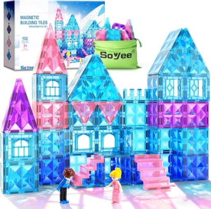 Picture of Magnetic Tiles 102pcs with 2 Stairs 2 Dolls Princess Castle Building Girls Toys Age 4-5 6-8 Magnetic Blocks Birthday Xmas Gifts for Girls Toys for 3 4 5 6 7 8+ Year Old