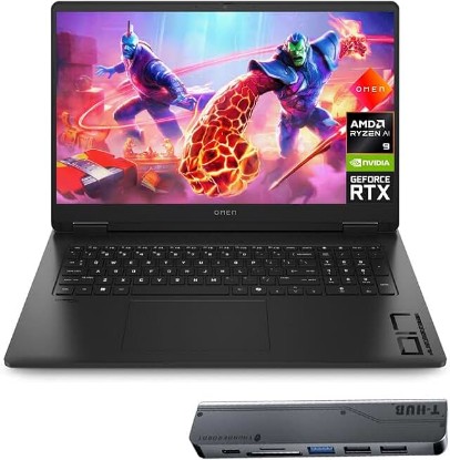 Picture of HP OMEN Ryzen 9 5060 Gaming Laptop, 17.3" FHD IPS 144Hz, AMD Ryzen AI 9 365, RTX 5060, 16GB DDR5 RAM, 1TB SSD, RGB Backlit KB, Low Blue Light, Bundle with Thunderobot 7 in-1 USB-C Hub