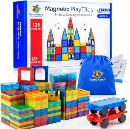 Picture of SUNNY AUNTIE Magnetic Tiles 125 PCS XL Set with Storage Bag – Magnetic Building Tiles for Kids Ages 3-8, STEM Magnet Construction Toy for Boys & Girls